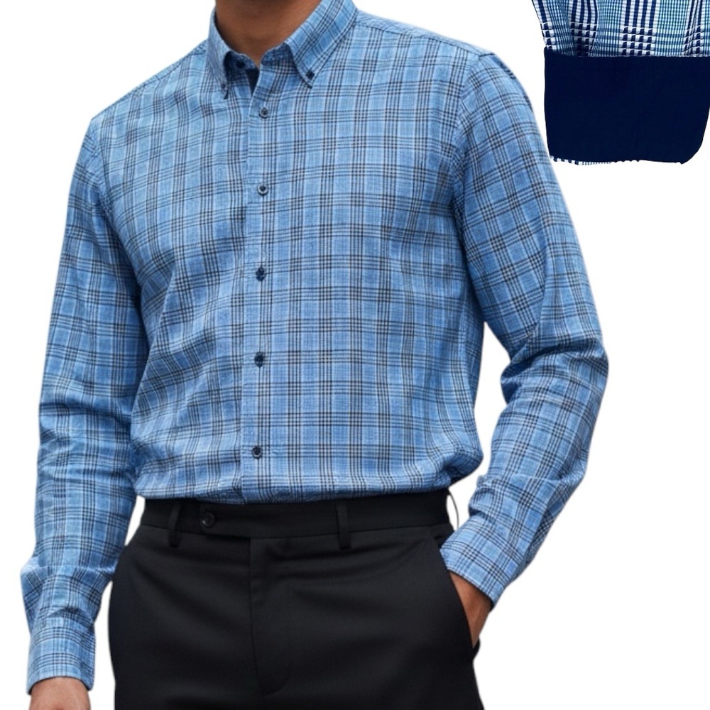 Tasso Elba Shirt Blue Plaid Buttons Down Long Sleeve Flip Cuff  Sz M (15-151/2)